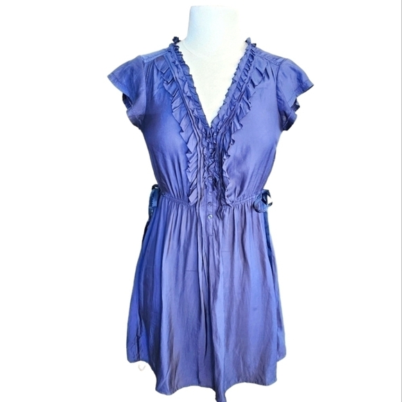 American Eagle Ruffle Short Sleeve Adjustable Waist Mini Dress Blue Size S - Picture 1 of 14